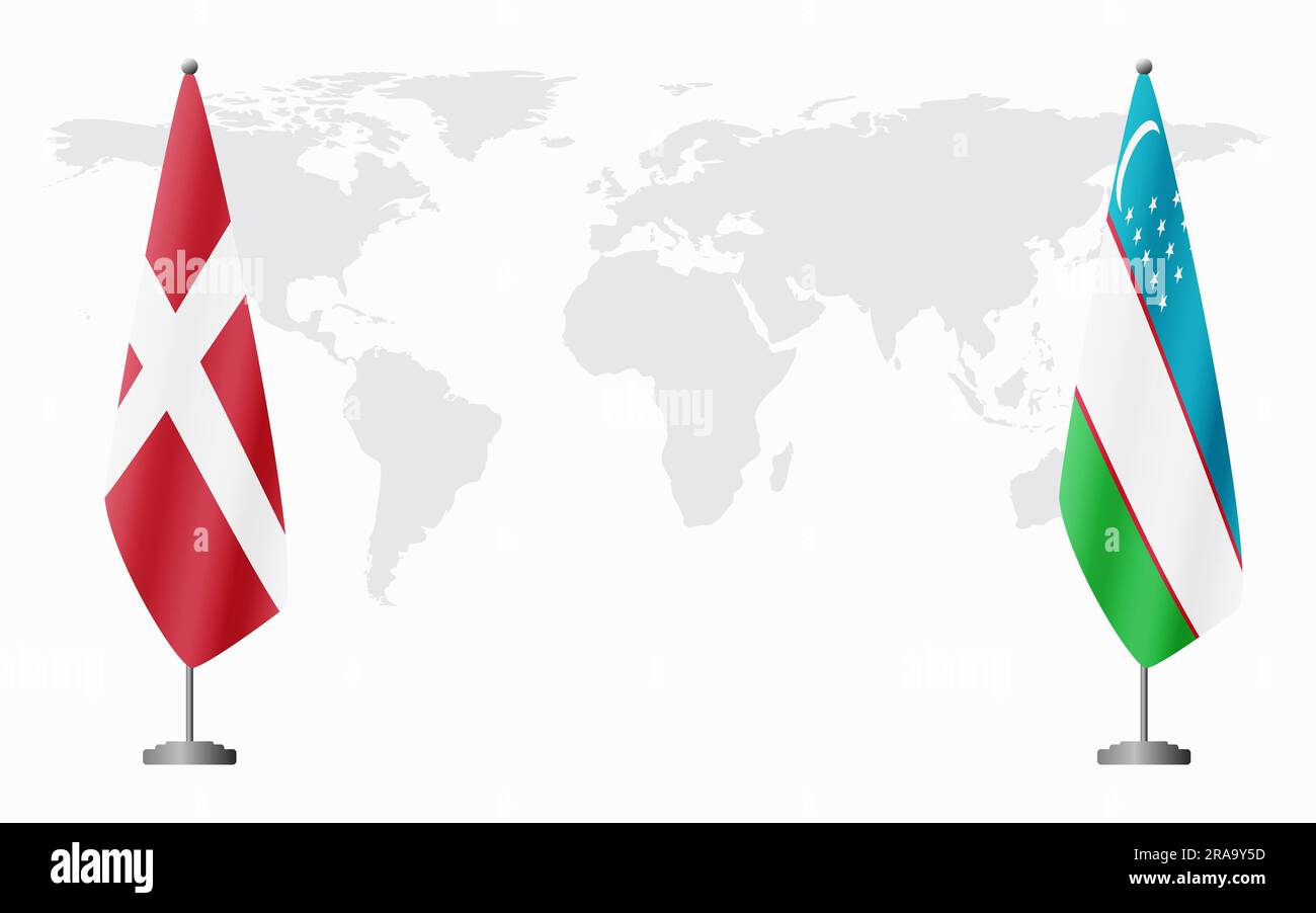 Dänemark und Usbekistan führen vor dem Hintergrund der Weltkarte offizielle Sitzungen durch. Stock Vektor