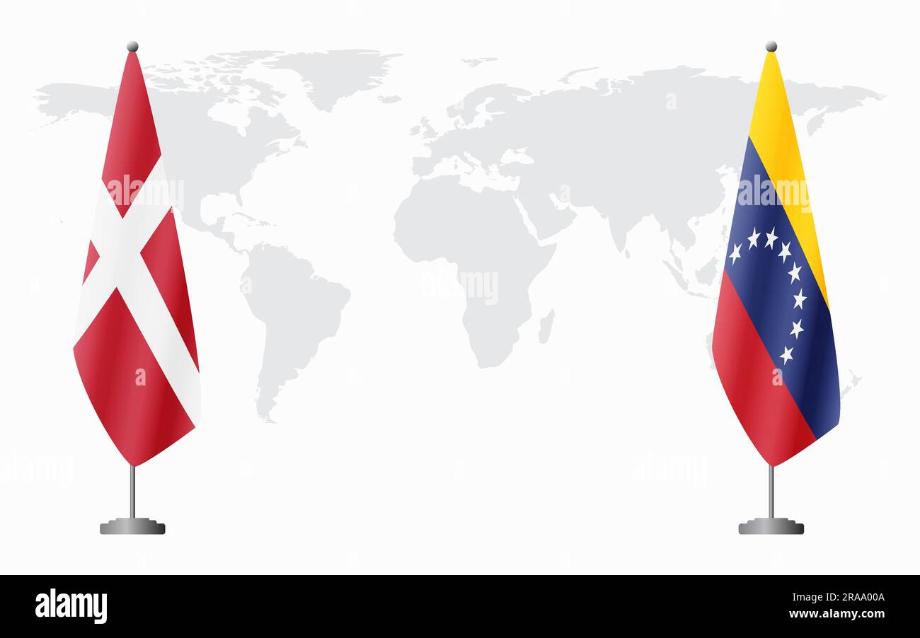 Dänemark und Venezuela führen vor dem Hintergrund der Weltkarte die Flagge für eine offizielle Tagung. Stock Vektor