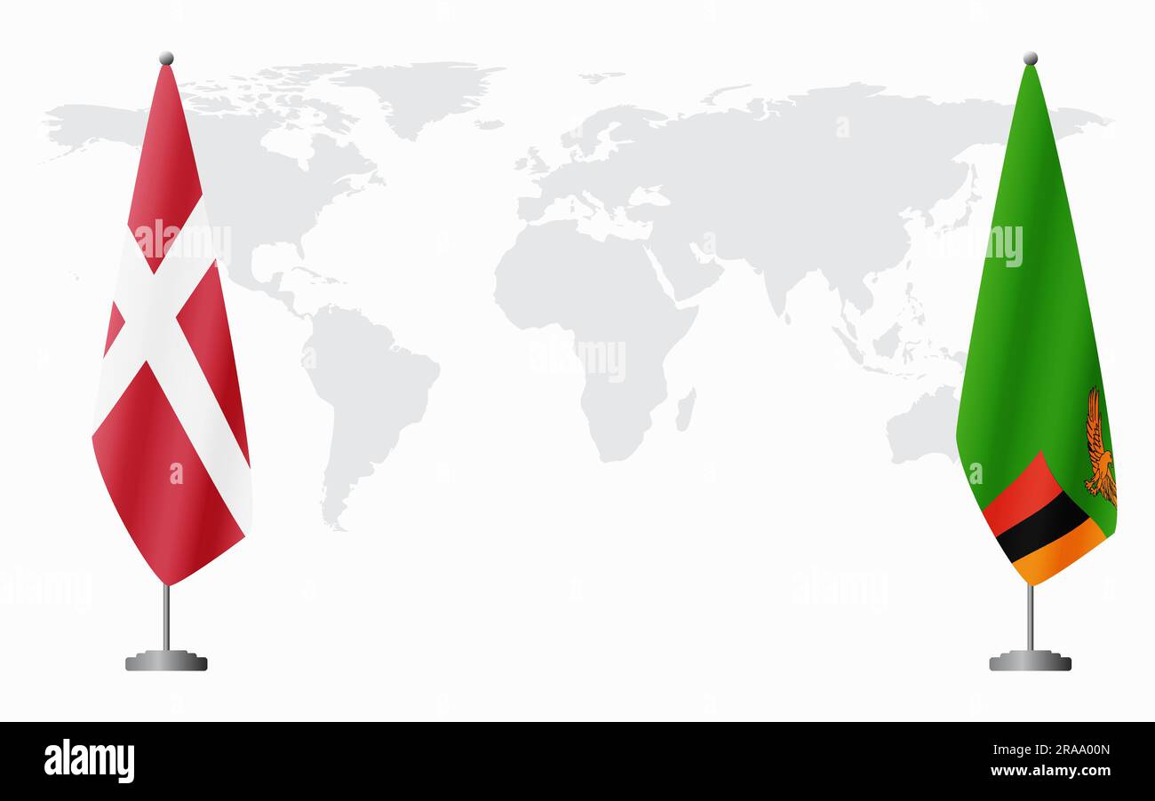 Dänemark und Sambia führen vor dem Hintergrund der Weltkarte die Flagge für eine offizielle Tagung. Stock Vektor