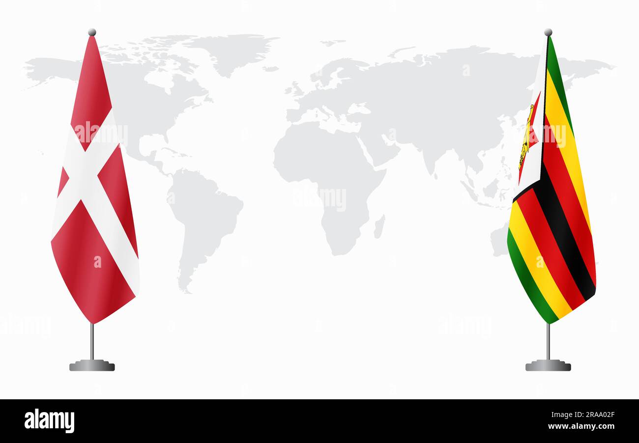 Dänemark und Simbabwe führen vor dem Hintergrund der Weltkarte die Flagge für eine offizielle Tagung. Stock Vektor
