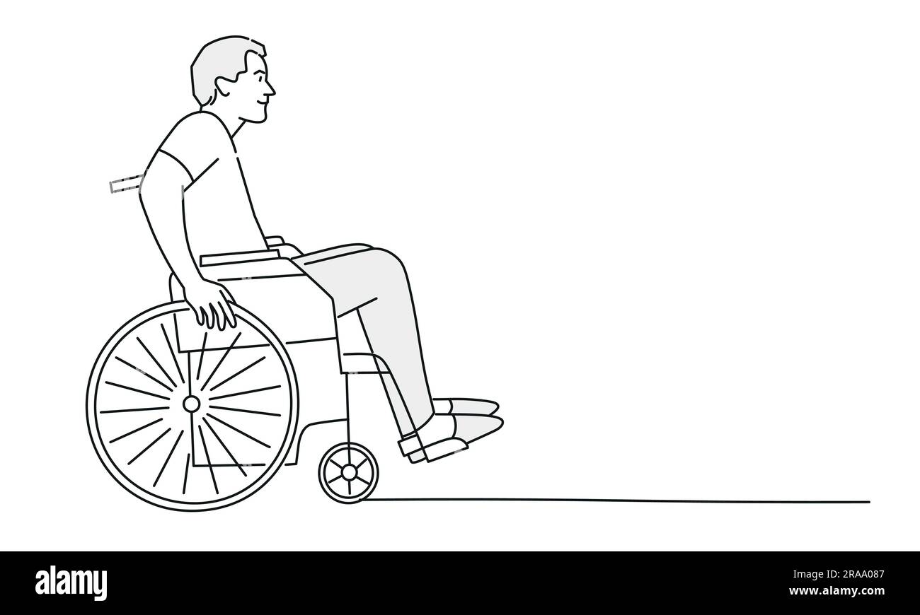 Junger Mann im Rollstuhl. Mann in Rehabilitation nach Trauma oder Krankheit. Handgezeichnete Vektordarstellung. Stock Vektor