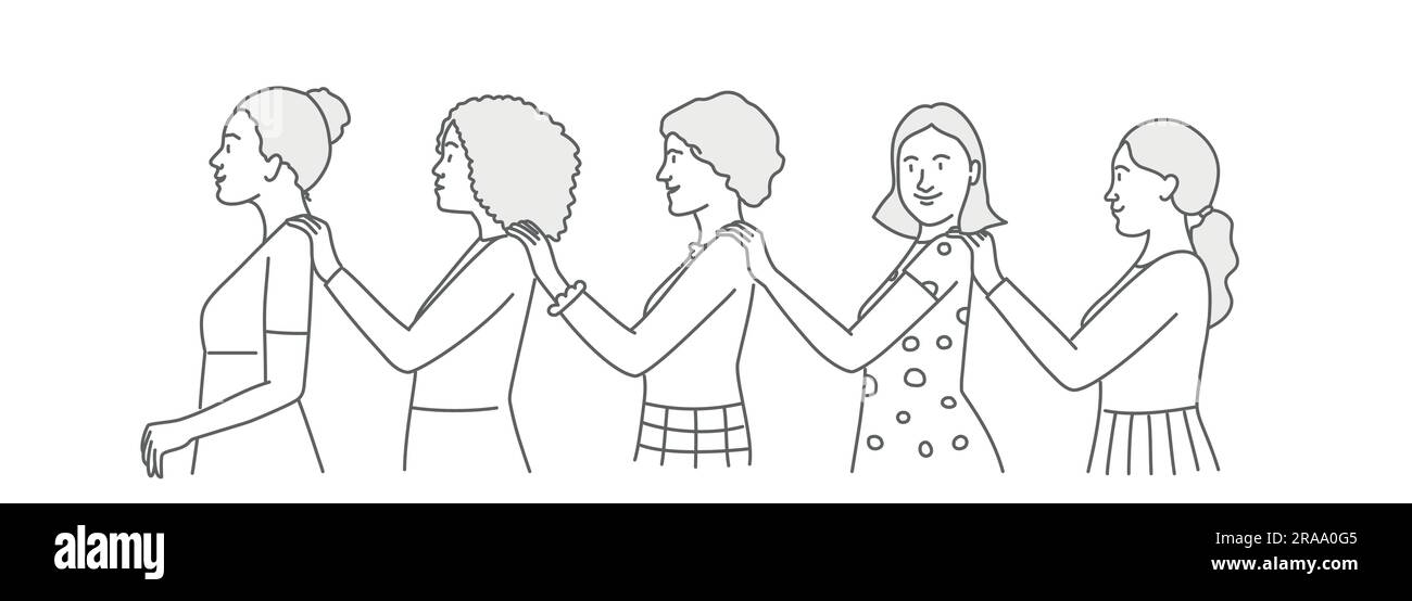 Junge Frauen in der Schlange halten sich gegenseitig die Schultern und zeigen Unterstützung und Einheit. Feminismus und Solidarität. Handgezeichnete Vektordarstellung. Stock Vektor