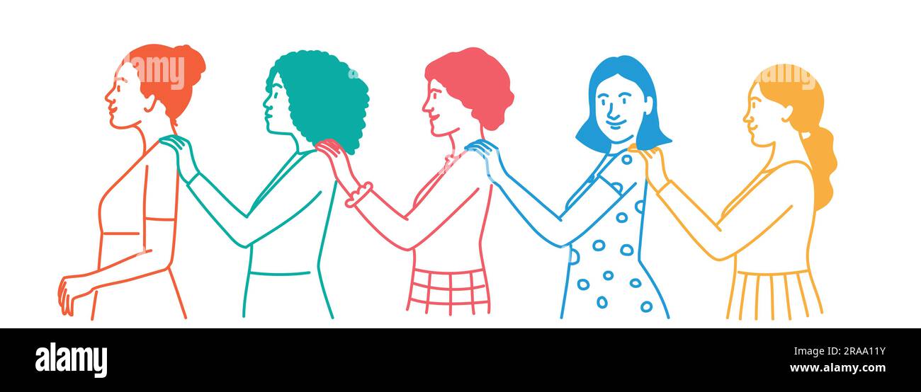 Frauen, die sich anstellen, halten sich gegenseitig mit Schultern und zeigen Unterstützung und Einheit. Handgezeichnete Vektordarstellung. Stock Vektor