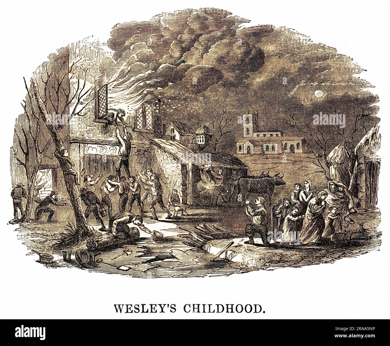 Als Kind wird John Wesley vor einem Brand im Familienhaus gerettet. Eine Marke, die aus dem Verbrennen gerissen wurde... DATUM: ANFANG DES 18TH. JAHRHUNDERTS Stockfoto