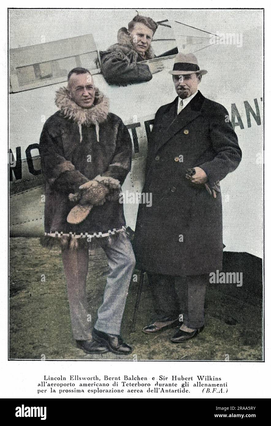 SIR HUBERT WILKINS Australian Explorer (rechts) mit Lincoln Ellsworth und Bernt Balchen am Peterboro Airport, 1933. Datum: 1888 - 1958 Stockfoto
