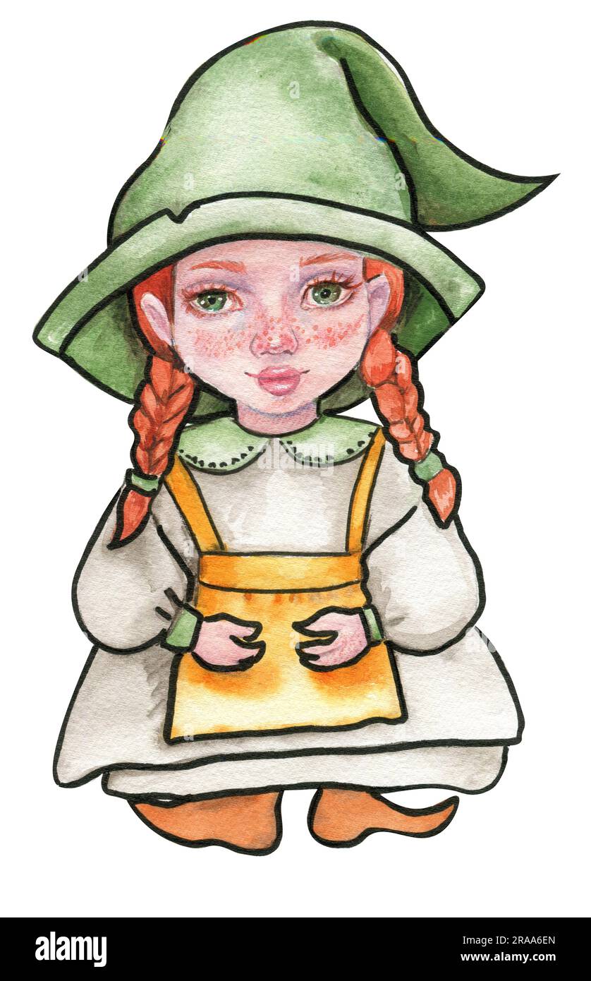 Kleine Hexe mit Hut. Handgezeichnete Aquarell-Illustration. Kann für halloween-Partys oder Poster verwendet werden. Stockfoto
