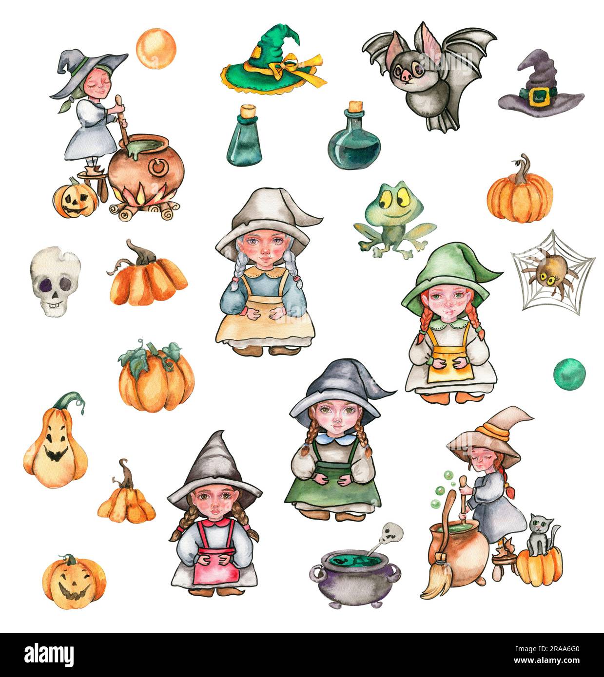 Eine kleine Hexe mit Hut, Kürbisse, Schädel, Frosch. Handgezeichnete Aquarell-Illustration. Kann für halloween-Partys oder Poster verwendet werden. Stockfoto
