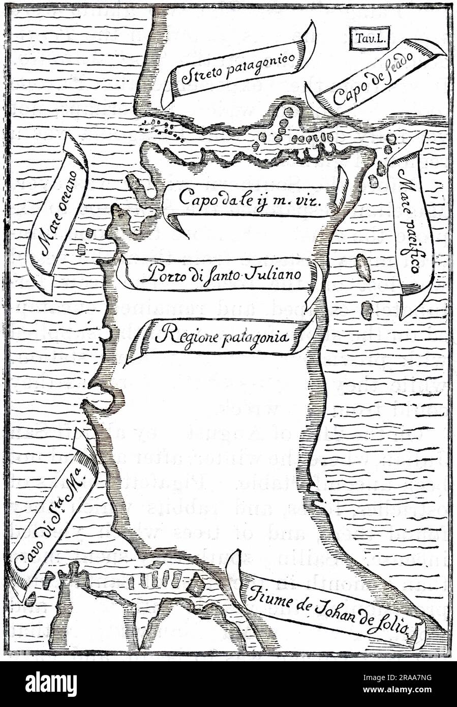 Karte der Meerenge, als sie von europäischen Navigatoren unter dem Kommando von Magellan entdeckt wurden. Datum: 1520 Stockfoto