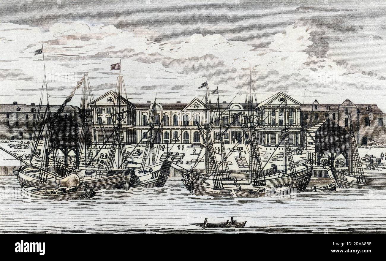 Das alte Custom House vor der Themse, vom Südufer des Flusses aus gesehen. Datum: Ca. 1720 Stockfoto