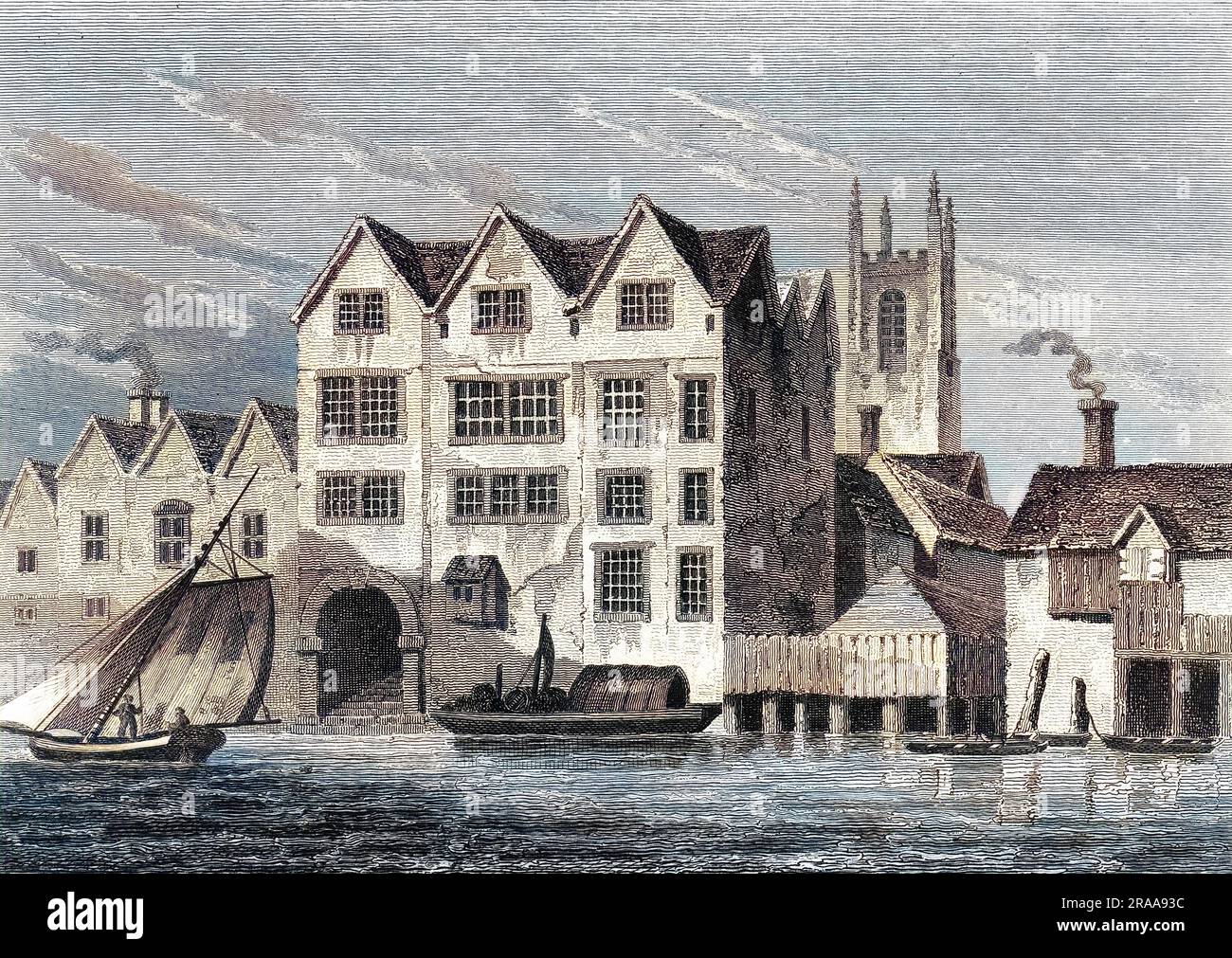 Waterman's Hall, Coid Harbour, Upper Thames Street, Blick vom Fluss. Datum: 1650. Jahrhundert? Stockfoto