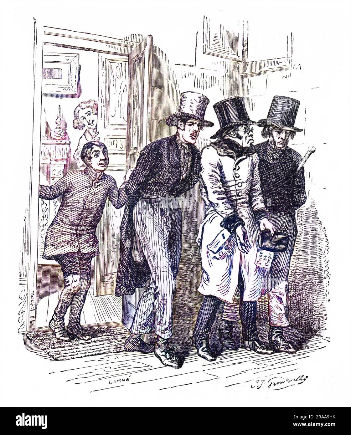 Zwei Männer verhaften einen Gentleman, weil er Schulden hat, und sein Sohn und seine Frau beobachten hilflos. Datum: 1843 Stockfoto