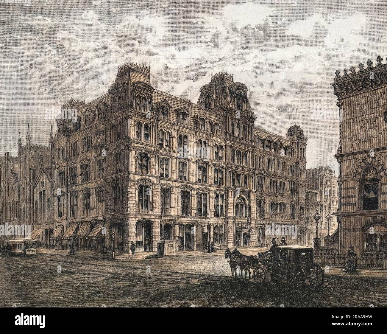 Das Gebäude der Young Men's Christian Association in New York, 1882. Das Gebäude wurde 1869 zu einem Preis von einer halben Million Dollar errichtet, um nicht nur die spirituellen Bedürfnisse junger Männer zu befriedigen, sondern auch ihre geistigen und körperlichen Bedürfnisse. Datum: 1882 Stockfoto