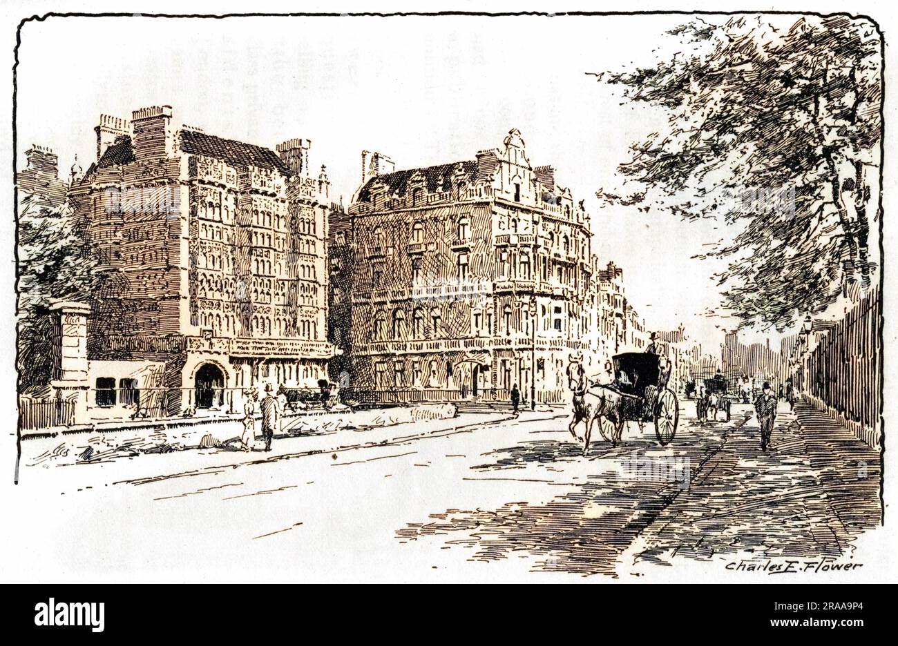 1903 in der Park Lane erbaute neue Villen, eine der angesehensten Adressen in London. Auf der linken Seite befindet sich das Haus von Mr. R. W. Hudson und auf der rechten Seite das von Sir Edward Albert Sassoon. Sir Edwards Haus wurde 1895-6 von T. H. Smith und C. E. Sayer für Barney Barnato, einem südafrikanischen, erbaut. Das Haus war 13.000 Quadratfuß groß, hatte eine 4-stöckige Marmortreppe, einen Wintergarten, einen Wintergarten und einen Ballsaal. Später wurde sie 4 Park Lane und wurde in den 1960er Jahren die Heimat des Playboy Clubs. Datum: 1903 Stockfoto