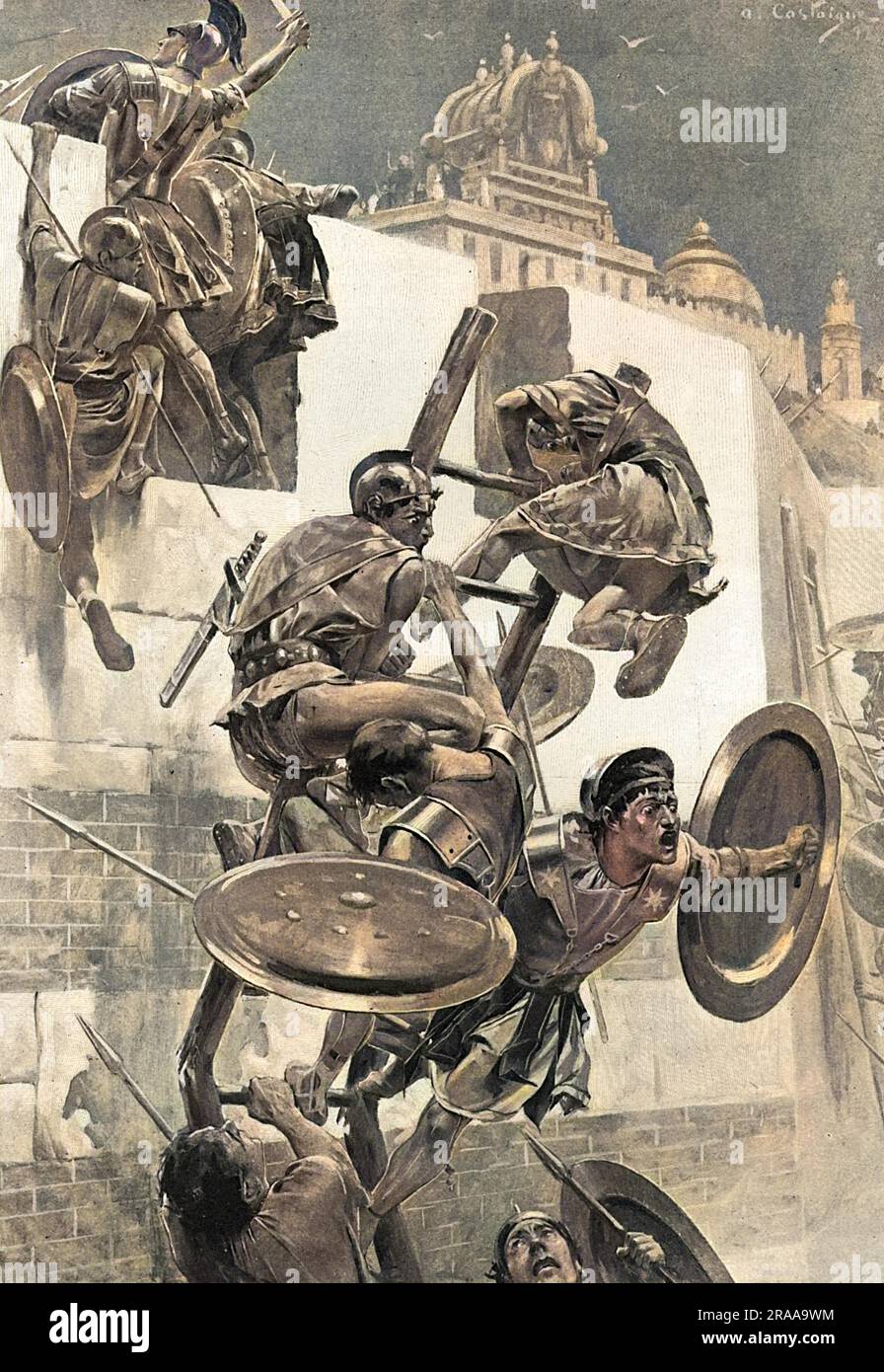 Soldaten, die von Alexander dem Großen begeistert waren, schwärmen eine Leiter hoch, um die befestigten Stadtmauern der Mallianer anzugreifen. Die Leiter bricht unter ihrem Gewicht und lässt ihren Anführer offen für Angriffe auf die Stadtmauern, aber anstatt zurück in Sicherheit zu springen, kämpft Alexander weiter, in die Mitte der Feinde: Ein Beispiel für seine Tapferkeit und Eile. Datum: 326 v. Chr Stockfoto