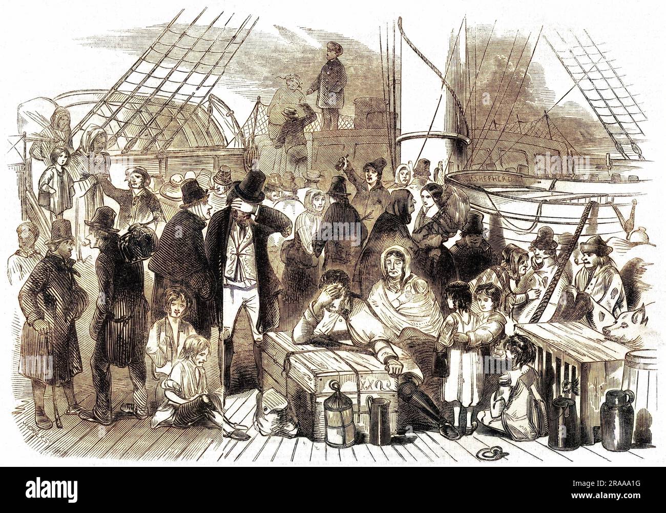 Irische Emigranten auf dem Deck eines Schiffes. Das Bild wird veröffentlicht mit Bezug auf eine schreckliche Kollision auf der Mersey zwischen zwei Dampfern, der Sea Nymph und dem Rambler, die zu einem gewaltigen Verlust von Menschenleben führte. Datum: 1846 Stockfoto
