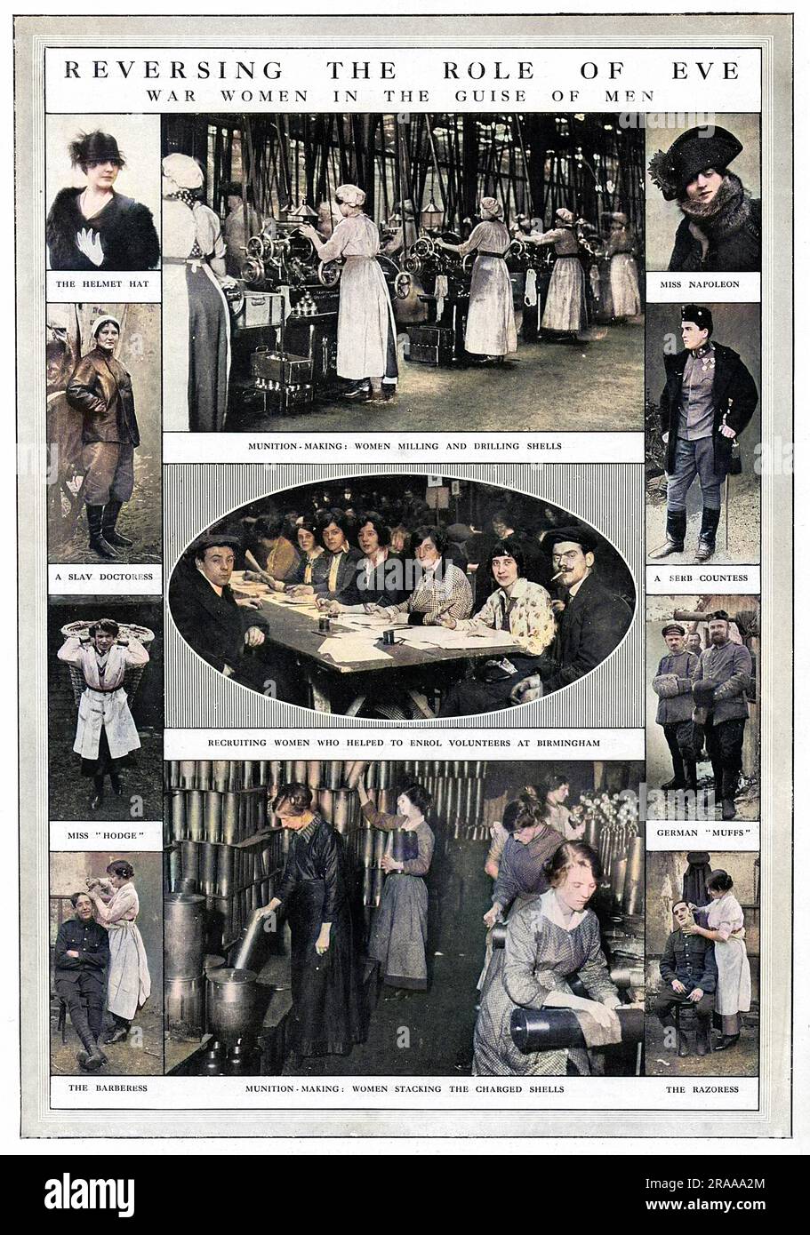 Eine Seite mit verschiedenen Fotografien, die zeigen, wie Frauen während des Ersten Weltkriegs traditionell männliche Rollen übernommen haben. Neben Anwerbern und Munitionsarbeitern gibt es auch eine Friseurin, eine slawische Ärztin, eine serbische Gräfin in männlicher Uniform sowie zwei Beispiele für modische Kopfbedeckungen - den Helmhut und den Napoleonhut - mit starken militärischen Untertönen. Datum: 1915 Stockfoto