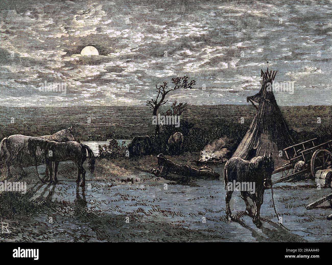Übernachtung in Cree Indianerland. Ein heller Mond beleuchtet eine native Camp und ein einsamer Mann auf dem Boden liegend.     Datum: c. 1870 Stockfoto