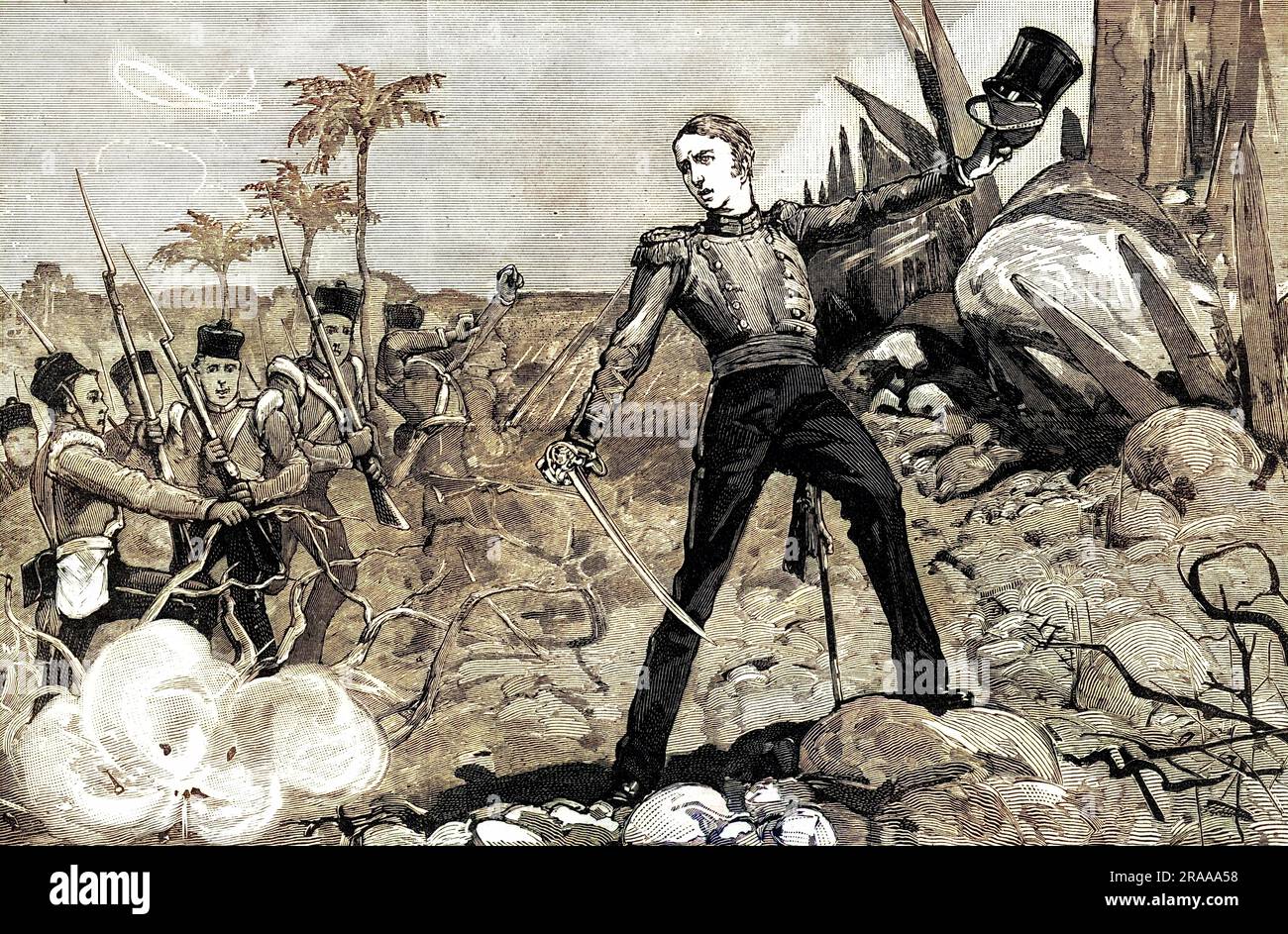 Sir Garnet Wolseley (1833-1913) als junger Offizier der britischen Armee, der Myat-Toons Festung Burma stürmte, Februar 1853. Der junge Offizier wollte sich in seinem ersten ernsten Kampf von anderen abheben. Er eilte vorwärts, weit vor den Männern. Datum: Februar 1853 Stockfoto