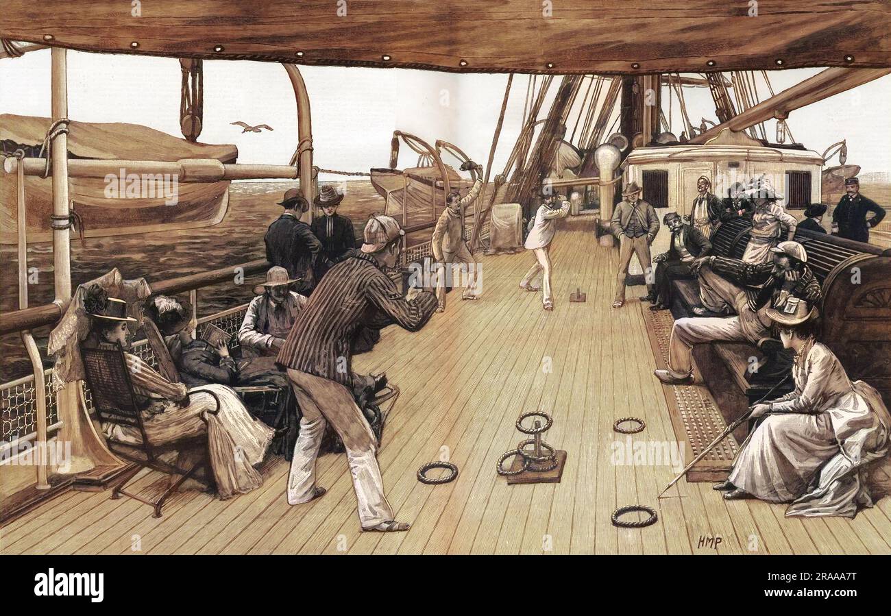 Ein Spiel mit Deck Quoits an Bord einer P.&O. Dampfschiff, auf See, 1890. Einer der Mitbewerber hat gerade das Ziel erreicht – „A Ringer“. Datum: 1890 Stockfoto