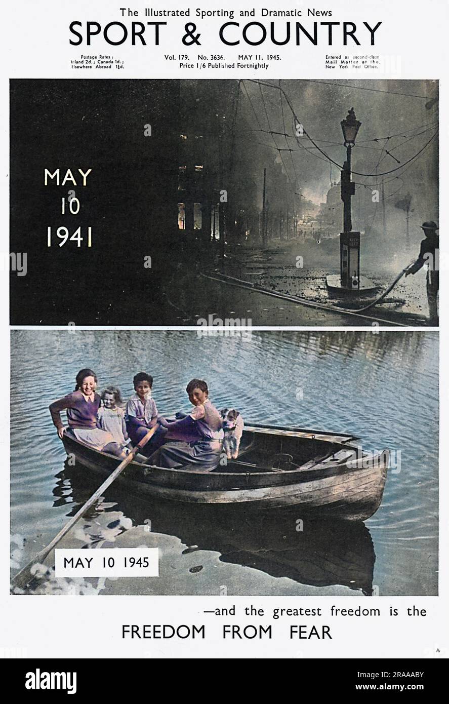 Titelseite von „Sport & Country“ zeigt den Kontrast zwischen London aus der Kriegszeit und dem Sieg im Jahr 1945. Datum: 1945 Stockfoto