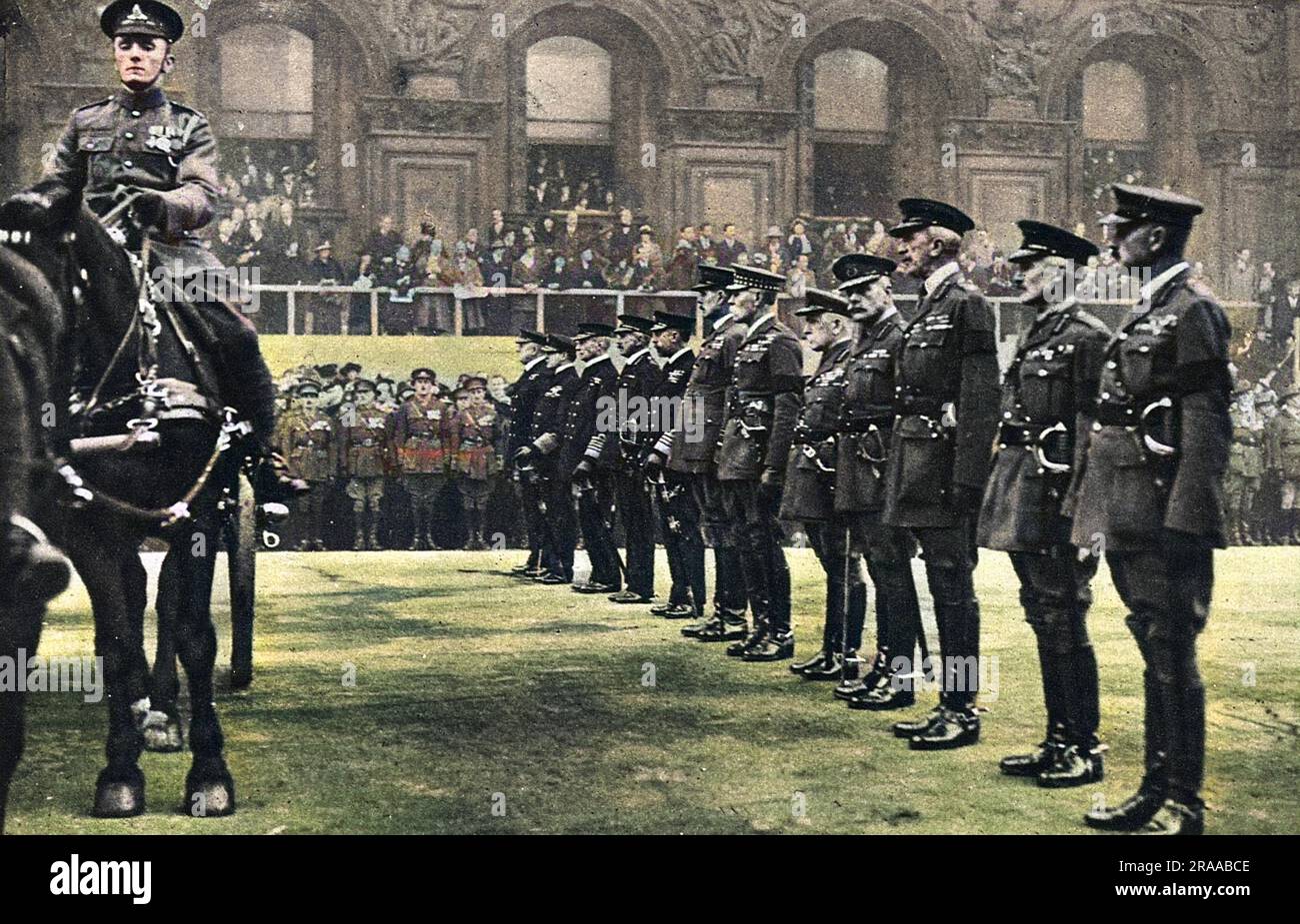 Die zwölf Kriegsführer als Bleichträger beim Gedenkgottesdienst in Cenotaph (genannt Waffenstillstand vor dem Zweiten Weltkrieg) am 11. November 1920, l bis r: Sir Hedworth Meux, Earl Beatty, Sir Henry Jackson, General Gatliff (Royal Marines), Sir Charles Madden, Air-Marshal Sir Hugh Trenchard, Lord Methuen, Lord French, Earl Haig, Sir Henry Wilson, Lord Horne und Lord Byng - Männer von höchster Auszeichnung in den vier Diensten. Datum: 11. November 1920 Stockfoto