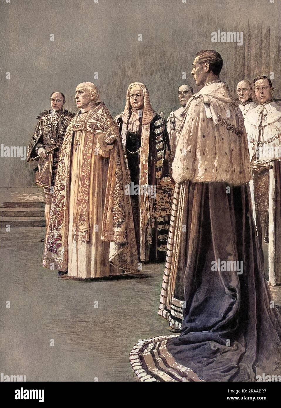 Der Erzbischof von Canterbury, Cosmo Gordon lang, führt die dritte Phase der Krönungszeremonie durch, in der er König George VI. An die vier Seiten der Krönung der Abtei übergibt und die Bestätigung und Akzeptanz seines Königs erhält. Datum: 1937 Stockfoto