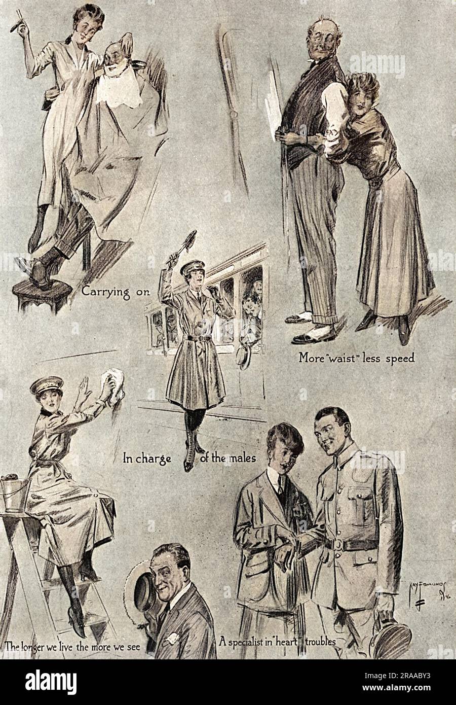 Eine Seite mit Skizzen von "Männerarbeit, die die Männer den Frauen wünschen", eine humorvolle (und leicht chauvinistische) Bemerkung zu den traditionell männlichen Jobs, die Frauen während des Ersten Weltkriegs angenommen haben. Datum: 1916 Stockfoto