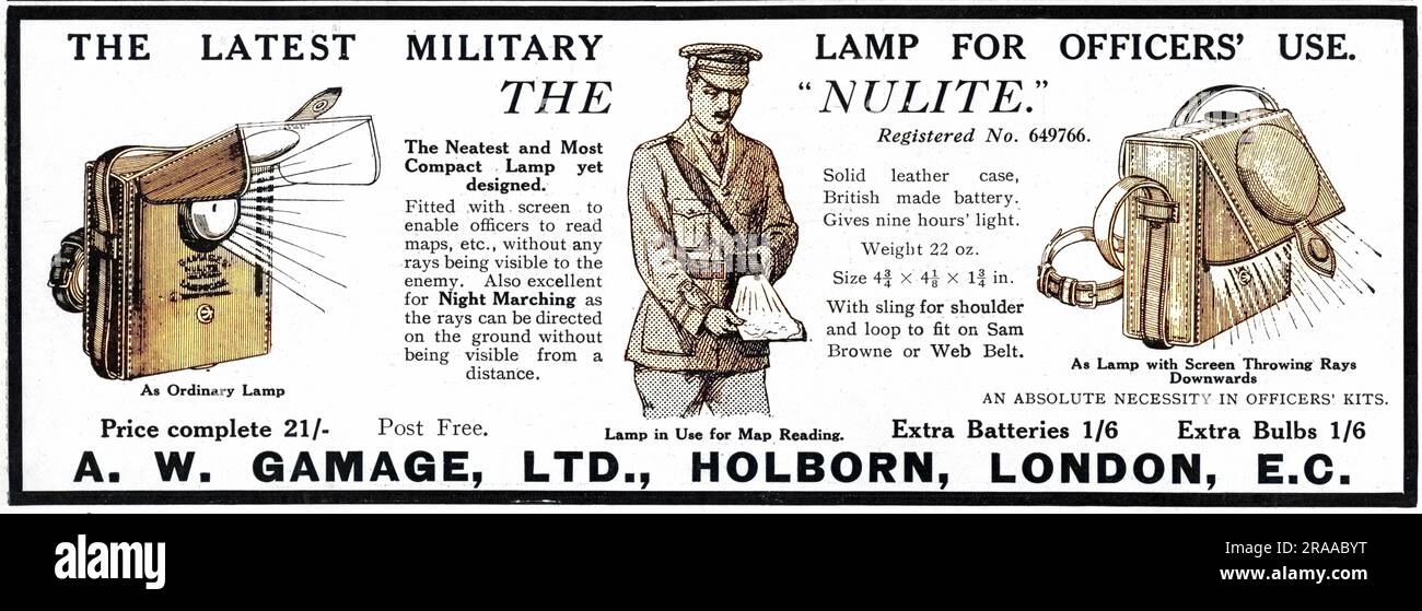 Eine Anzeige für die neueste Militärlampe für Offiziere, die sowohl in normaler Weise als auch nach unten eingesetzt werden kann, besonders nützlich für das Lesen von Karten. Erhältlich bei A. W. Gamage of Holborn, London. Datum: 1915 Stockfoto
