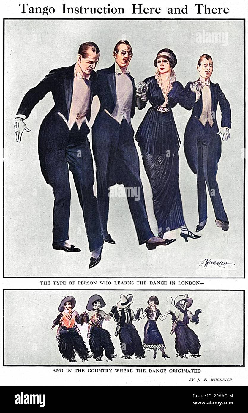 Die bescheidenen argentinischen Ursprünge des Tangos stehen im Gegensatz zu den wohlhabenden Londoner Kulissen, die ihn 1913 als Folge des Tangowahnsinns aufgenommen haben. Datum: 1913 Stockfoto