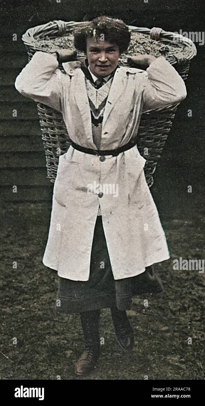 Miss M. G. Gowing, vom Hockeyteam der Norfolk Ladies, entlässt Männer für den Krieg, indem sie während des Ersten Weltkriegs auf einer Essex-Farm arbeitete. Datum: 1916 Stockfoto