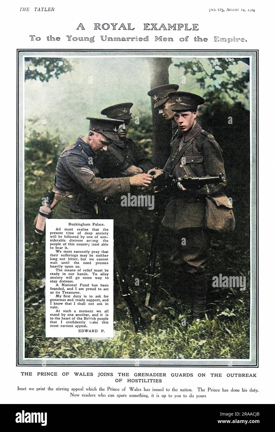 Ein Foto von Edward, Prinz von Wales (später König Edward VIII. Und dann Herzog von Windsor) sah ziemlich nervös aus, als er sich der Grenadiergarde anschloss, als der Krieg 1914 ausbrach. Der Tatler druckt das Foto als Beispiel für alle jungen unverheirateten Männer des Imperiums und sagt: "Der Prinz hat seine Pflicht getan. Leser, die etwas entbehren können, Das liegt bei dir., um deins zu tun." Datum: 1914 Stockfoto