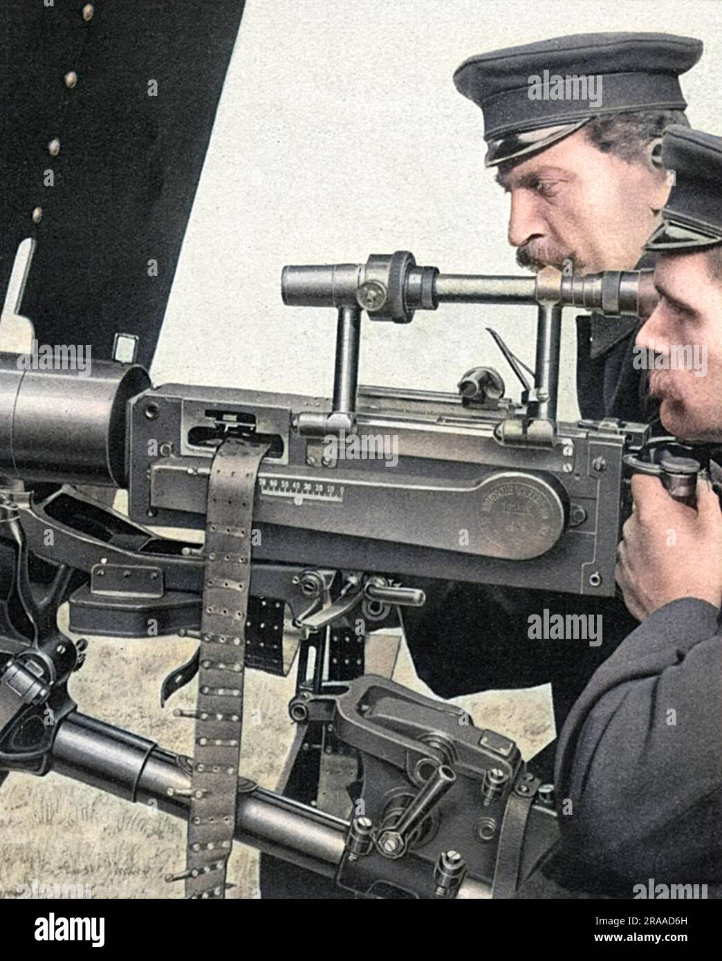 Ein neuer deutscher Maschinengewehrtyp aus den Monaten vor Ausbruch des Ersten Weltkriegs 1914. Es hat ein Teleskopvisier. Datum: 1914 Stockfoto