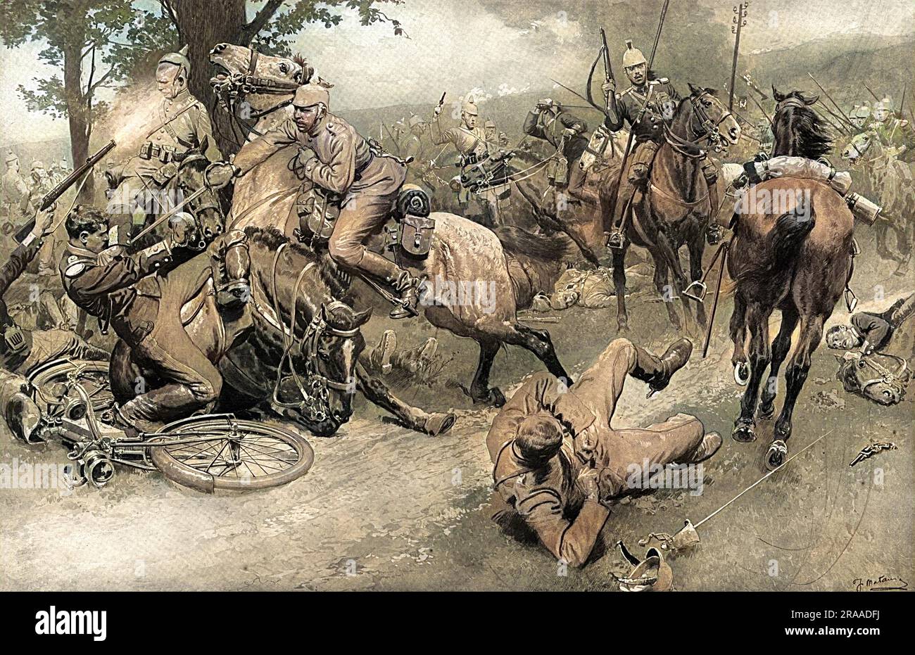 Eine Begegnung zwischen französischer und deutscher Kavallerie in den engen Grenzen einer Landstraße. Datum: August 14 Stockfoto