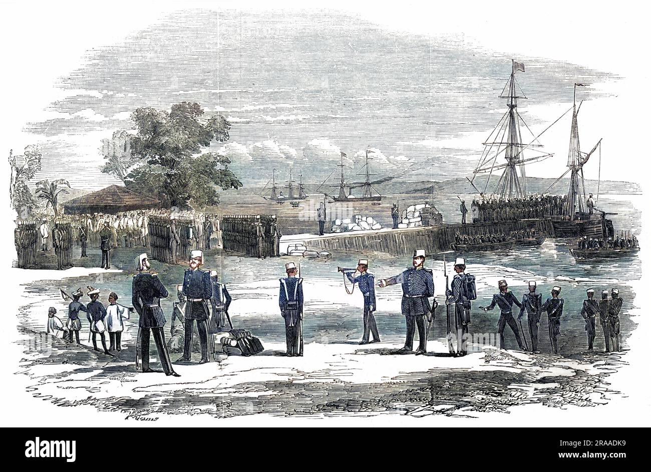 Die Einschiffung des Arrakischen Bataillons für Rangun in den Dampffregatten Zenobia und Mozuffer in Kyook Phyoo, Birma, im Jahr 1853. Datum: 1853 Stockfoto
