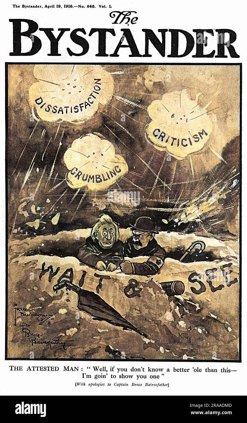 Titelseite des Zuschauermagazins mit einer Illustration von Fred Buchanan, einer Pastiche von Bruce Bairnsfather's Famous The Better Ole Cartoon (im selben Magazin), Das Bild zeigt einen typischen Briten, der einen Khaki-Armlet trägt, um zu zeigen, dass er bescheinigt hat, sich für das Derby-Schema zu engagieren, mit Premierminister Asquith, der über den besten Weg zur Aufstockung der für den Krieg erforderlichen Truppen predigt. Datum: 1916 Stockfoto