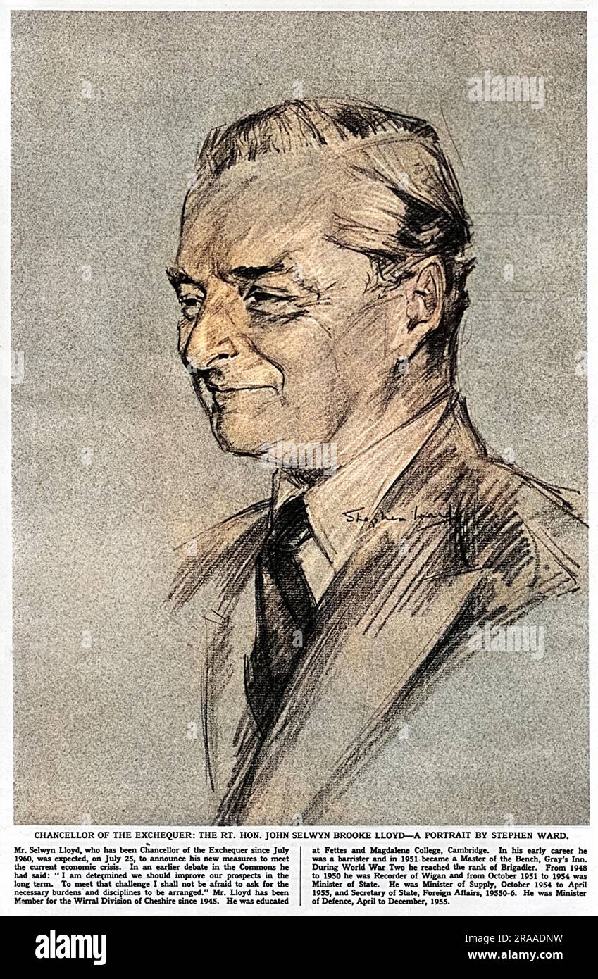 John Selwyn Brooke Lloyd (1904-1978), Schatzkanzler, gezeichnet von Stephen ward im Jahr 1961. Ward skizzierte 1961 mehrere prominente Figuren für die illustrierten London News, aber zwei Jahre später wurde er durch seine Beteiligung an der Profumo-Affäre berüchtigt. Datum: 1961 Stockfoto