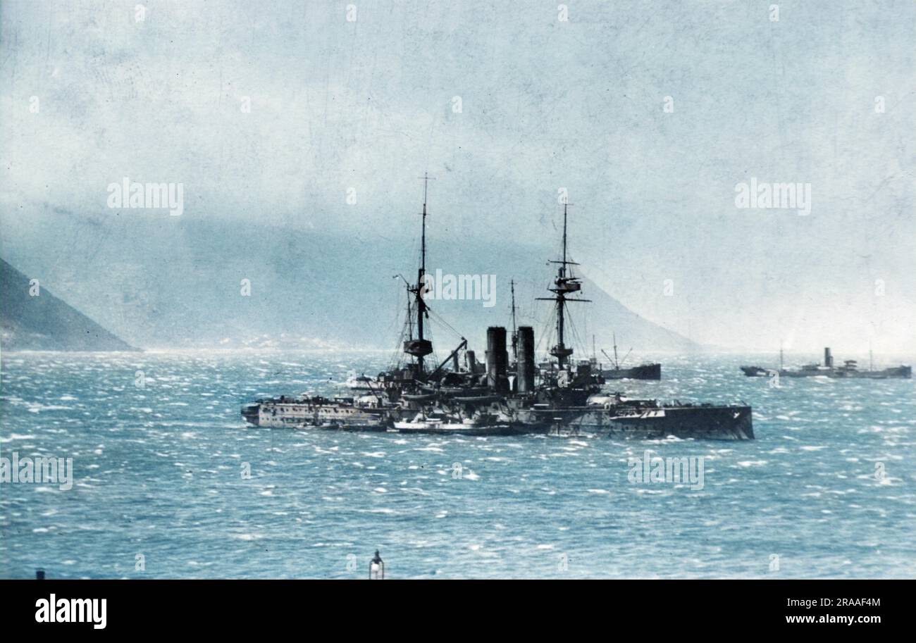 HMS Albion, ein ehemaliges britisches Schlachtschiff der Canopus-Klasse, startete 1898, diente vor und während des Ersten Weltkriegs an verschiedenen Orten und wurde 1919 stillgelegt. Datum: 1914-1918 Stockfoto