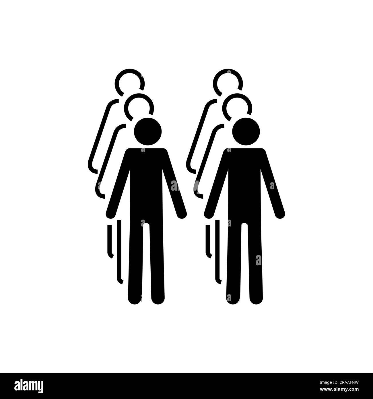 ISO 7001 BP 004: In Zweiergruppen anstellen oder anstellen. International Standard Public Information Schild für Line Up in zwei Reihen. Stock Vektor