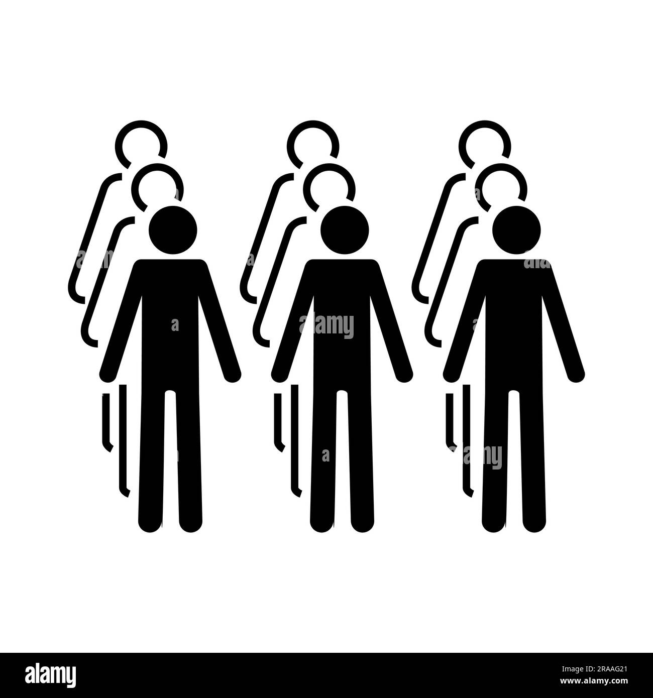 ISO 7001 BP 005: In Dreiergruppen anstellen oder anstellen. Internationales Standard Public Informationsschild für drei Linien. Stock Vektor