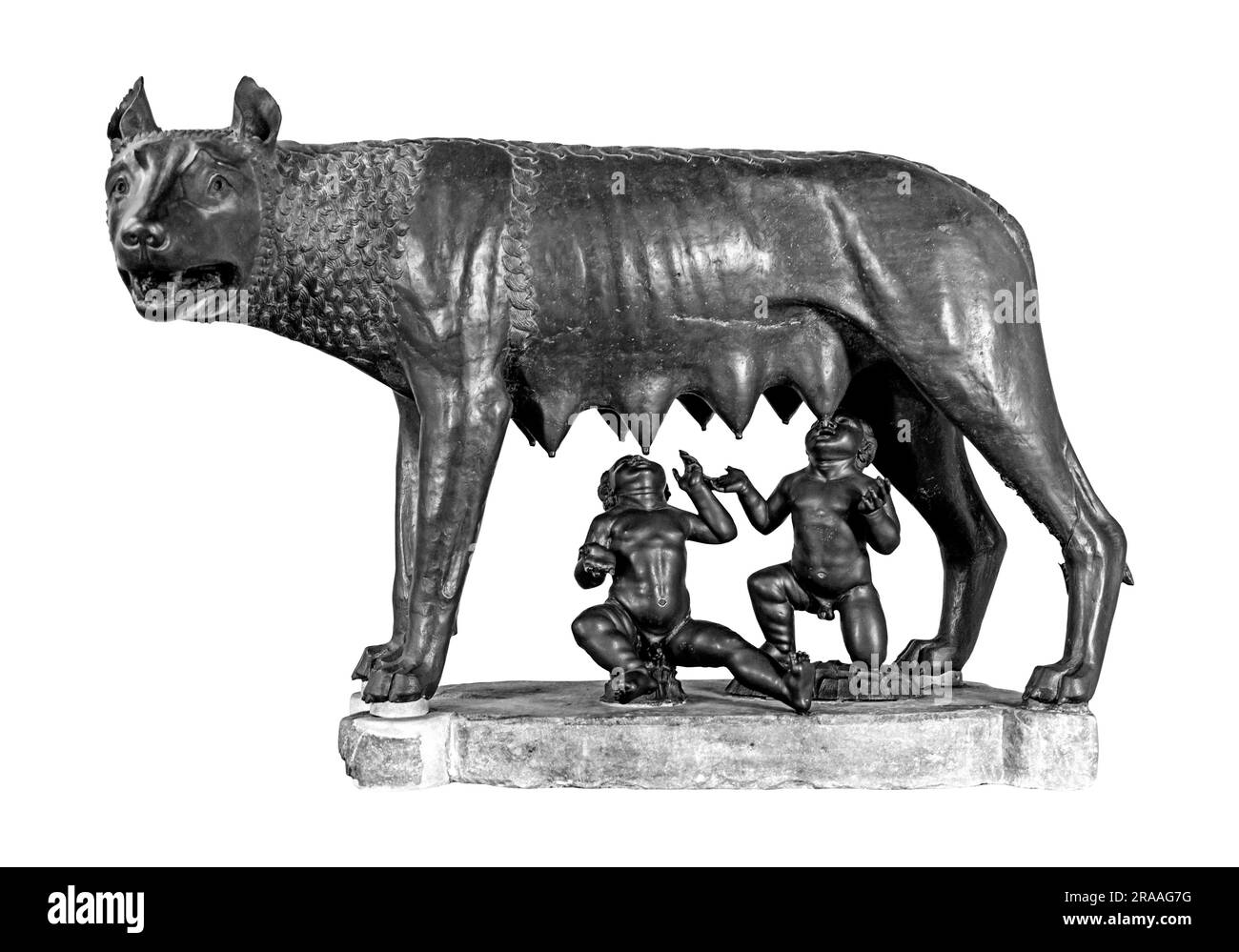 Kapitolinische Wölfin oder Lupa Capitolina, eine Bronzefigur, die Romulus und Remus, die mythischen Gründer der Stadt Rom in Italien, in Schwarz und Weiß zeigt Stockfoto