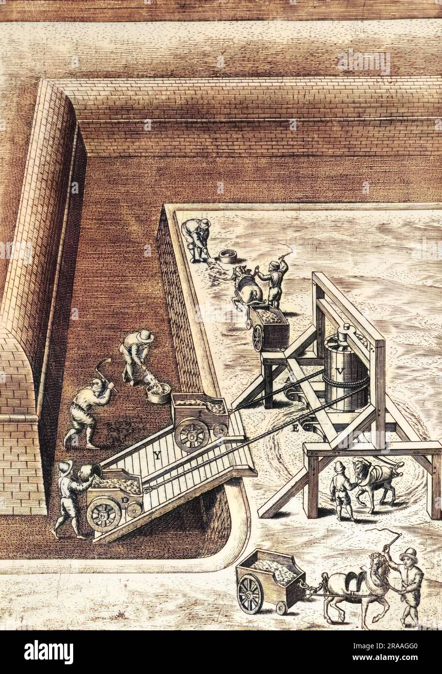 Eine detaillierte Gravur des Baus eines Grabes aus dem 16. Jahrhundert. Datum: 1588 Stockfoto