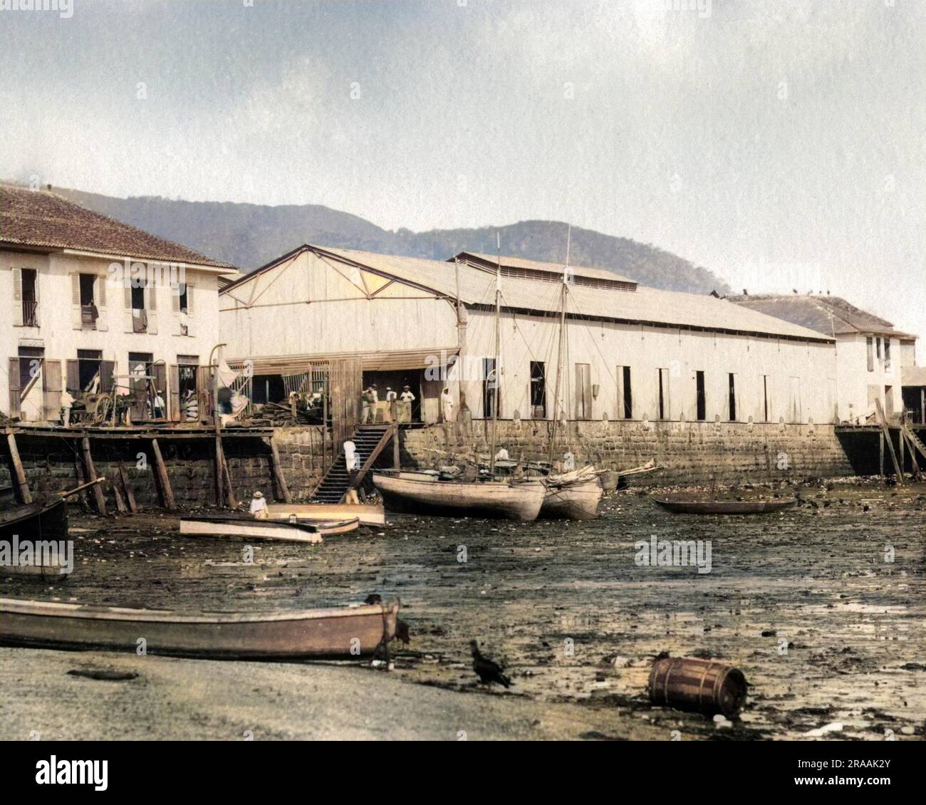 Landungsort des Panama Market (Land unbekannt). Datum: Ca. 1890er Stockfoto