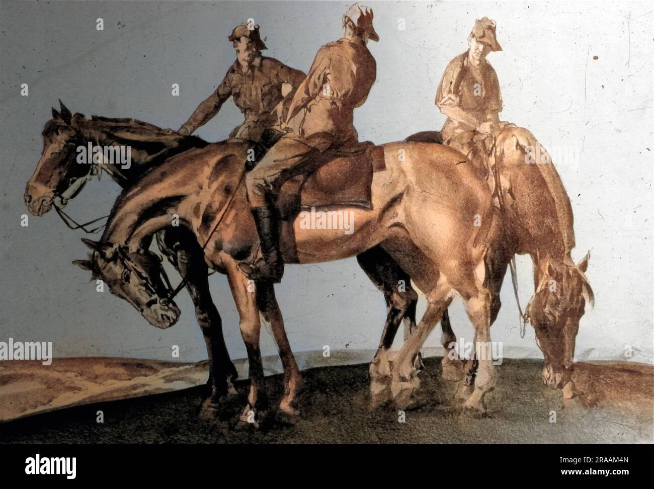 The Grooms, Happy Valley, Franvillers, Somme 1918, von Lieutenant W (will) H Dyson (1880-1938), Australian Imperial Force. Dyson trat der Armee bei, und obwohl er zweimal verwundet wurde, produzierte er eine große Anzahl von Zeichnungen von australischen Soldaten in der Schlacht. 1915 wurde er offizieller australischer Kriegskünstler an der Front. Ausstellungen seiner Kriegskarikaturen fanden in London statt, und im November 1918 veröffentlichte er Australia at war, das einige seiner besten Zeichnungen enthält. Datum: 1918 Stockfoto