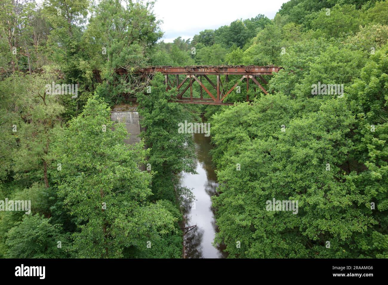 Stillgelegte Eisenbahnbrücke, umgeben von dichtem Laub Stockfoto