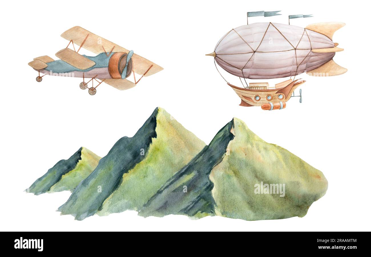 Aquarelle Darstellung der malerischen grünen Berge und Oldtimer-Flugzeug und Luftschiff isoliert Stockfoto