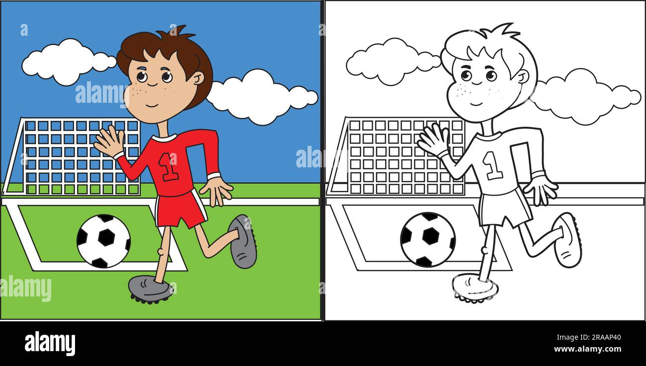 Malseite eines Cartoon Boys, der Fußball spielt. Abbildung für Malseite für Kinder Stock Vektor