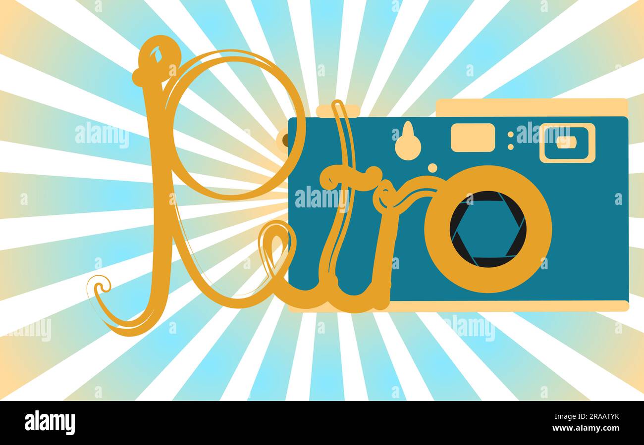 Blau, alt, Retro, Vintage, antik, Hipster-Kamera mit einer wunderschönen Retro-Inschrift auf blauem Hintergrund. Vektordarstellung. Stock Vektor Blau, alt, Retro, Vintage, antik, Hipster-Kamera mit einer wunderschönen Retro-Inschrift auf blauem Hintergrund. Vektordarstellung. Stock Vektor