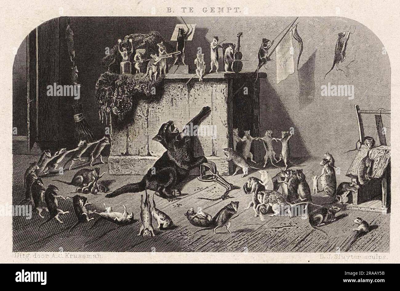 Mouse Party, 1861, die Katze ist in eine Falle gefallen und die überschwänglichen Mäuse tanzen um sie herum, historische, digital restaurierte Reproduktion eines Originals aus dem 19. Jahrhundert / Mäuseparty, 1861, die Katze ist in eine Falle gegangen und die übermütigen Mäuse um tanzen sie herum, Historisch, Digitale Restaurierte Reproduktion von einer Vorlage aus dem 19. Hundert Stockfoto
