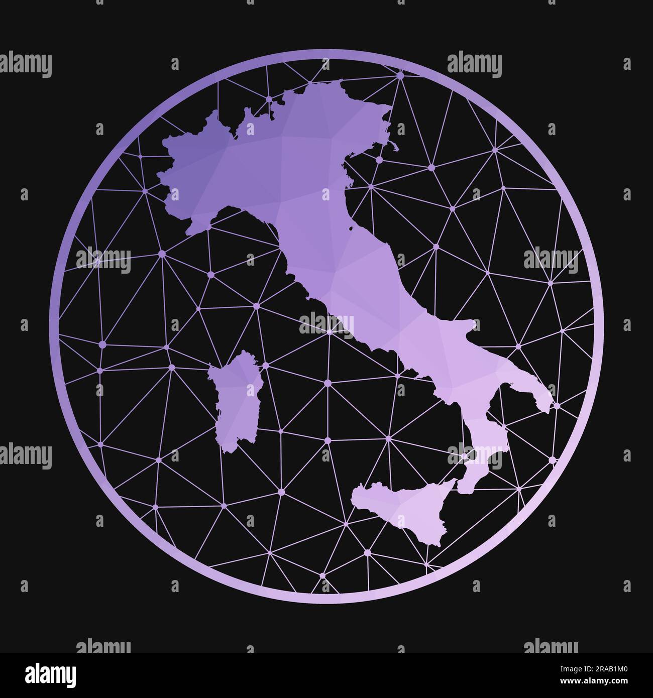Ikone für Italien. Polygonale Vektorkarte des Landes. Italienische Ikone im geometrischen Stil. Die Landkarte mit violettem, niedrigem mehrfarbigen Verlauf auf dunklem Hintergrund. Stock Vektor