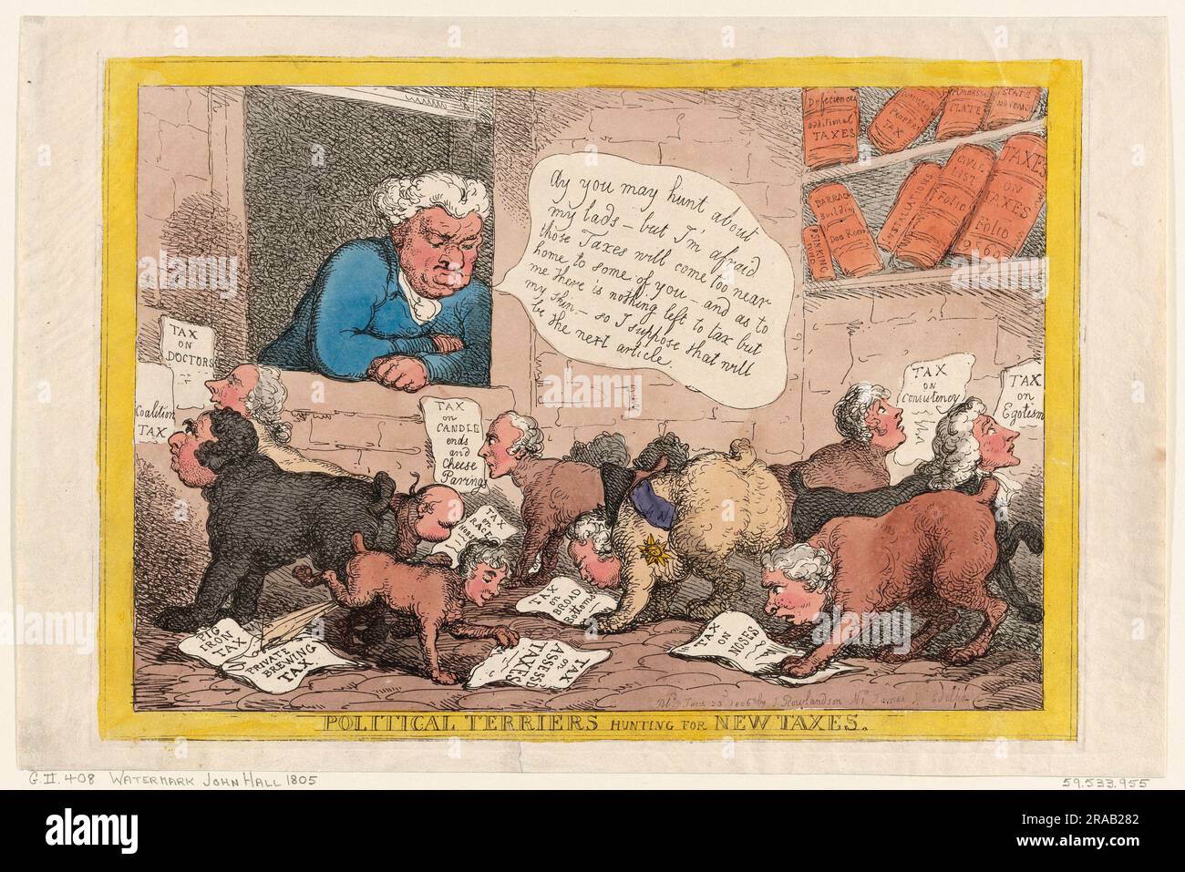 Politische Terroristen auf der Jagd nach neuen Steuern. Thomas Rowlandson. Juni 1806. Stockfoto